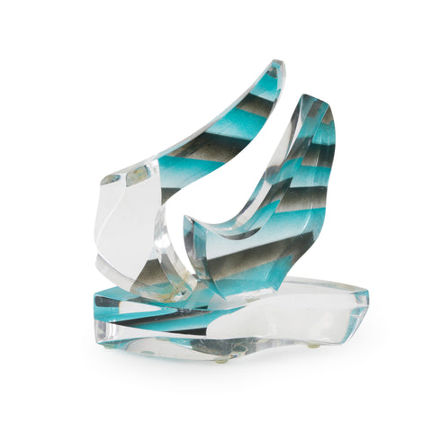 Abstract Clear Acrylic Wave Sculpture with Teal and Black Stripes