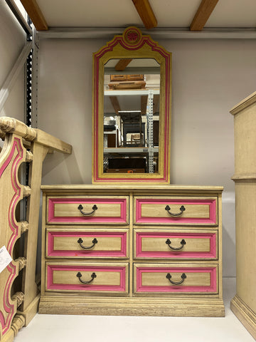 Cream & Pink Six-Drawer Dresser with Mirror