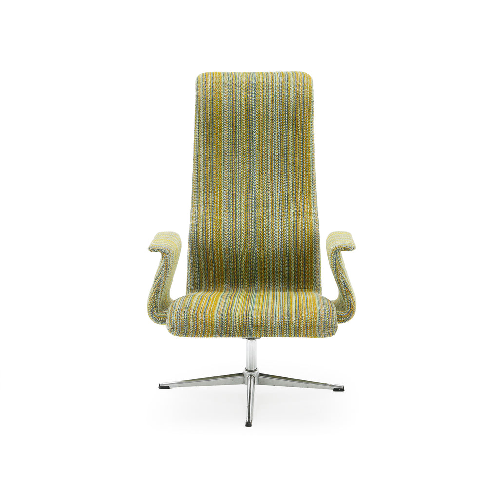 Mustard Yellow, Teal, and Gray Striped Upholstered High-Back Armchair