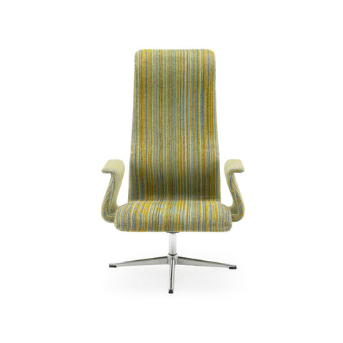 Mustard Yellow, Teal, and Gray Striped Upholstered High-Back Armchair