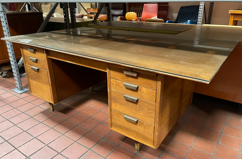 Mid-Century Glass Top Wood Desk