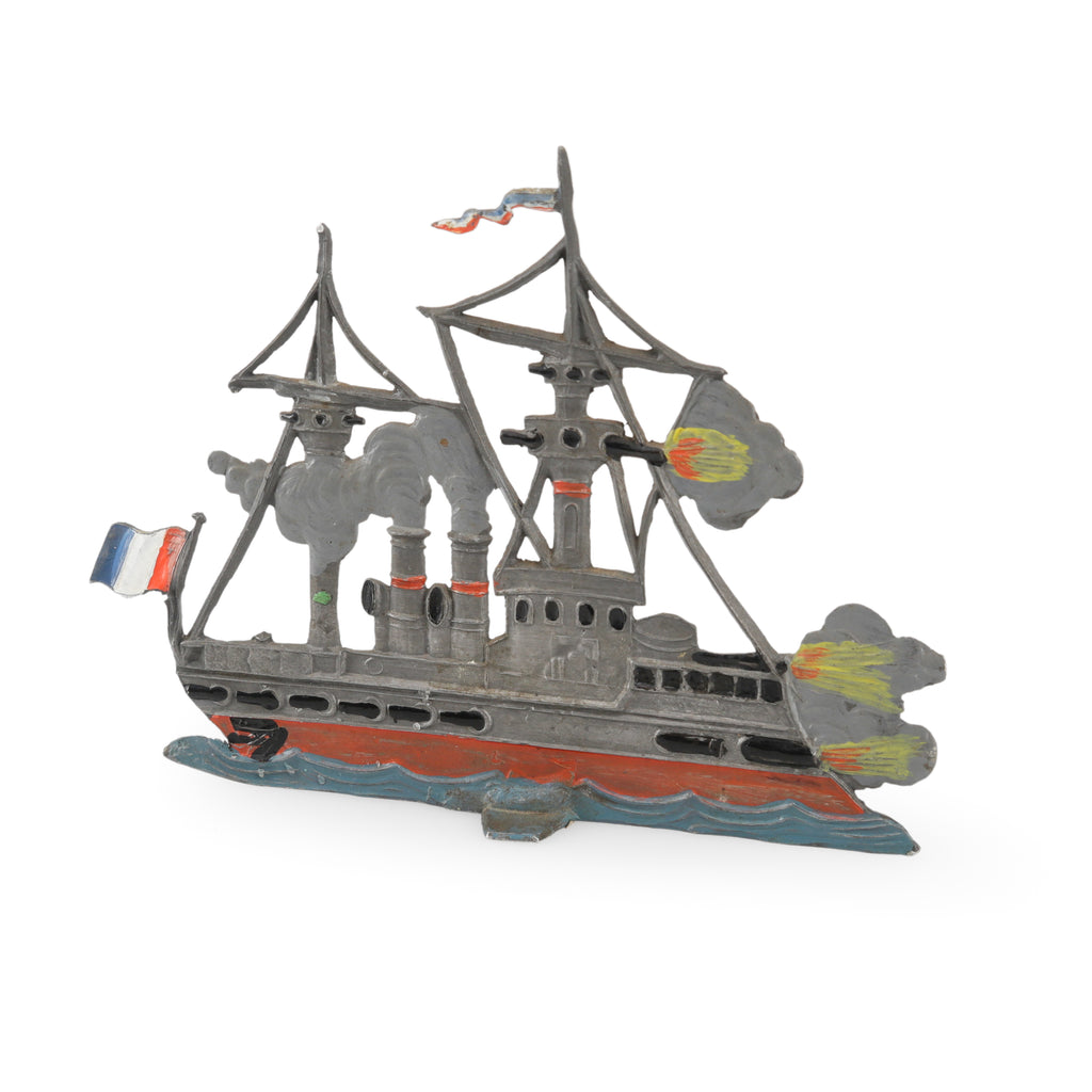 Vintage Gray Painted Metal French Naval Warship