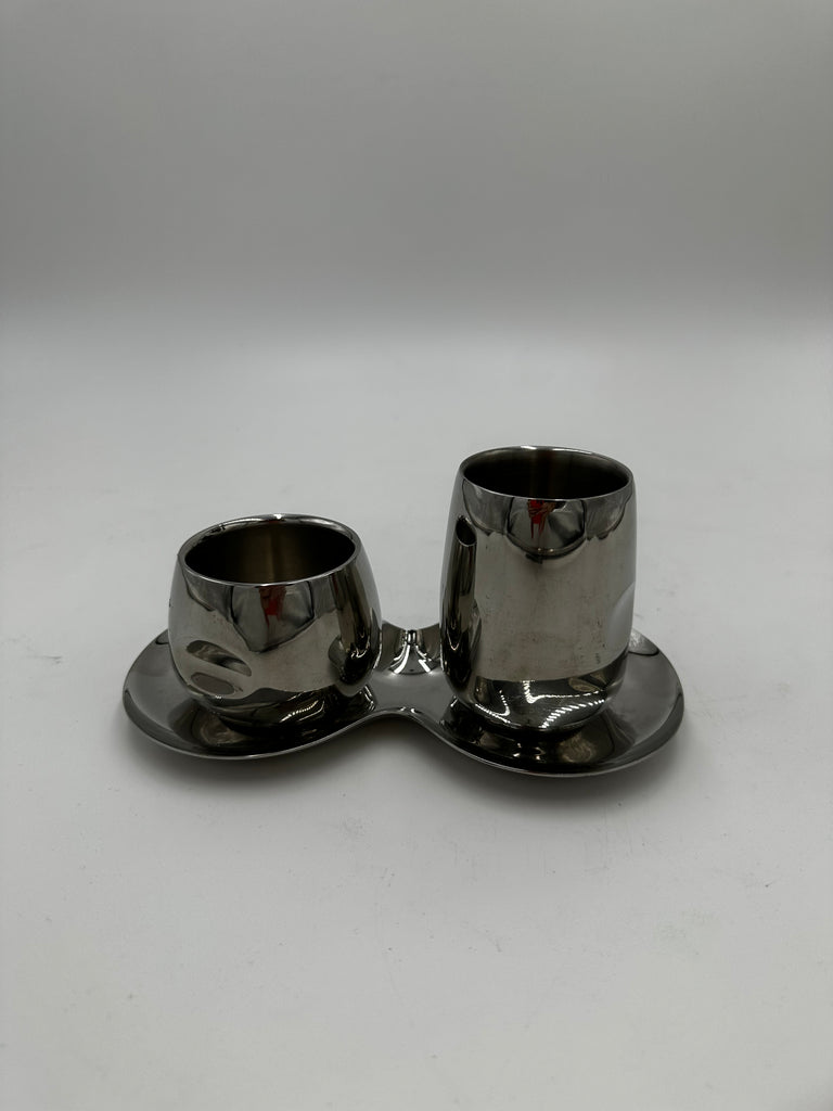 Polished Stainless Steel Double Espresso Cup & Saucer Set