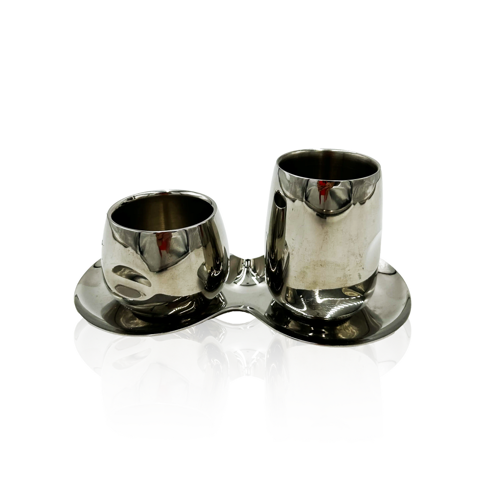 Polished Stainless Steel Double Espresso Cup & Saucer Set