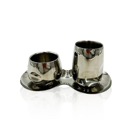 Polished Stainless Steel Double Espresso Cup & Saucer Set