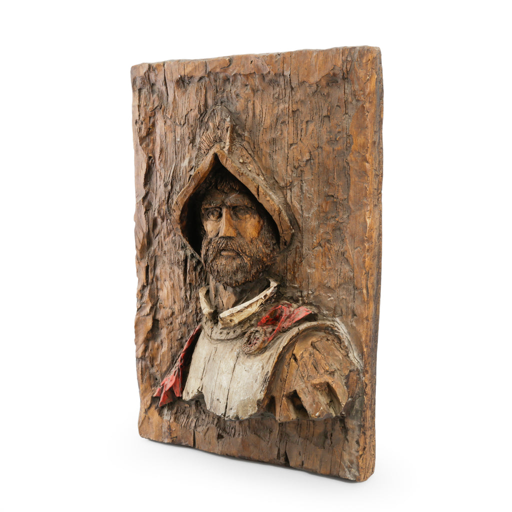Rustic Carved & Painted Wood Bust Wall Hanging of a Conquistador