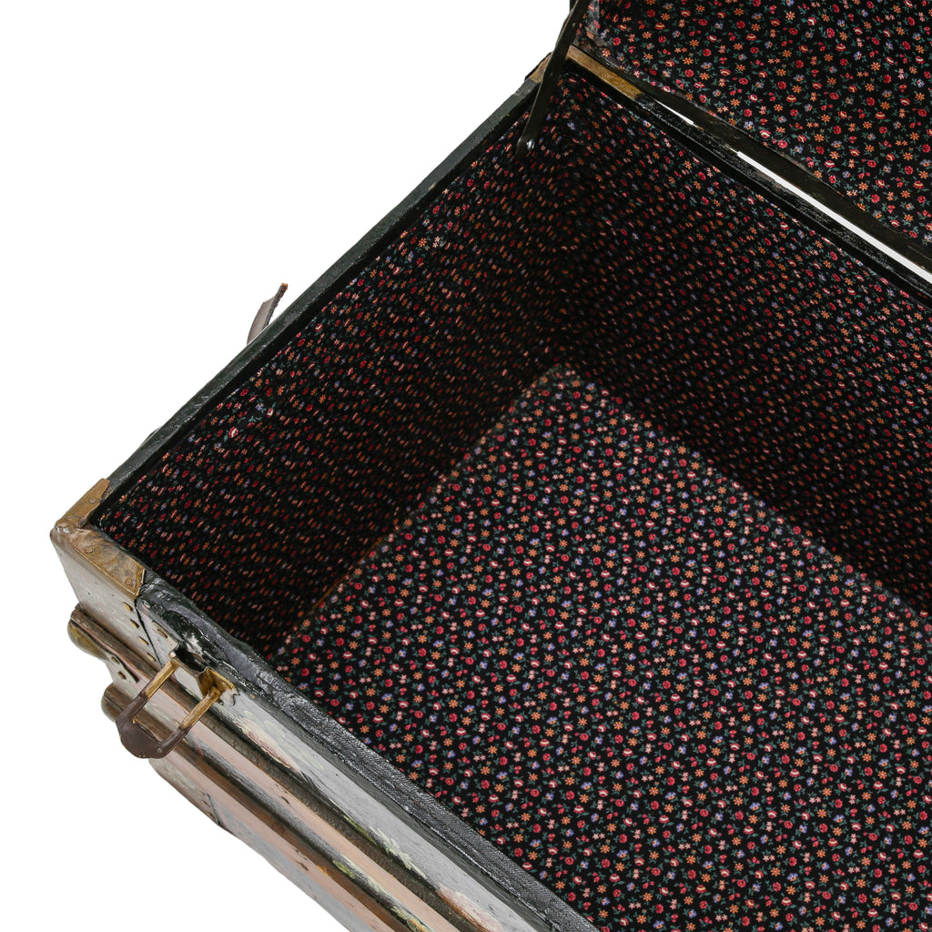 Black Wooden Trunk with Hand-Painted Floral Motifs and Brass Hardware