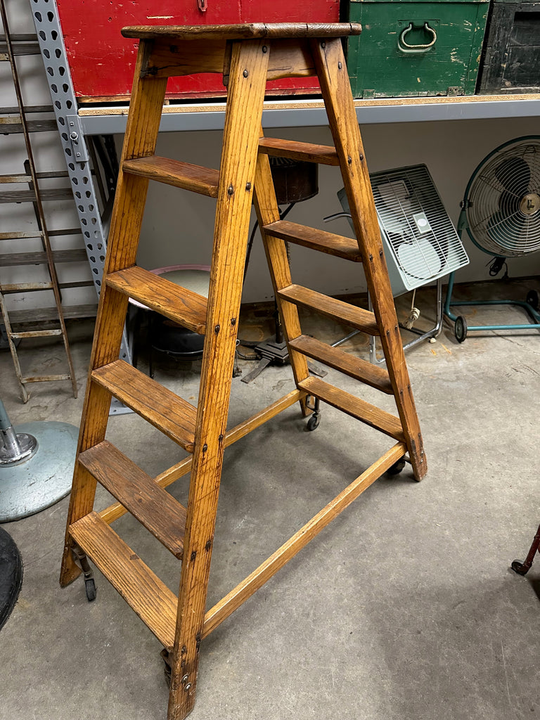Vintage Wooden Rolling A-Frame Step Ladder