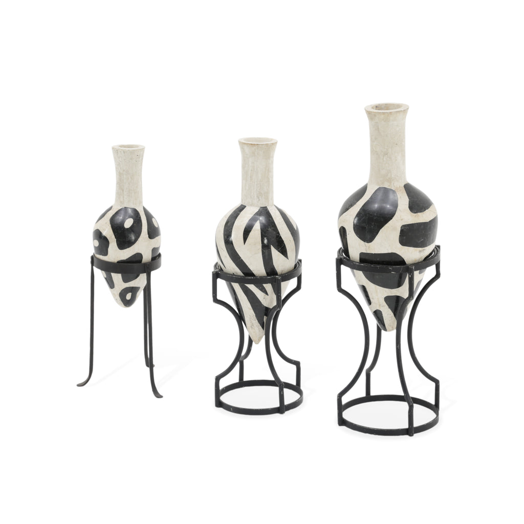 Set of 3 Black and Off-White Ceramic Vases
