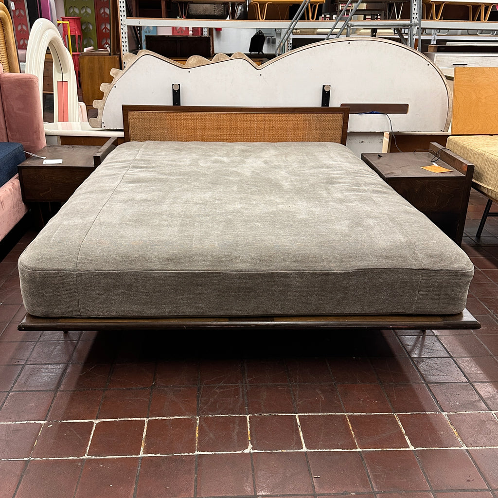 Mid-Century Modern Dark Wood & Rattan Platform Bed