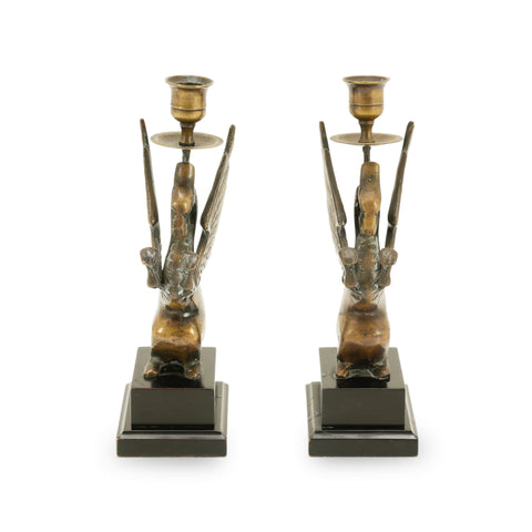 Set of Antique Bronze Griffin Candlestick Holders