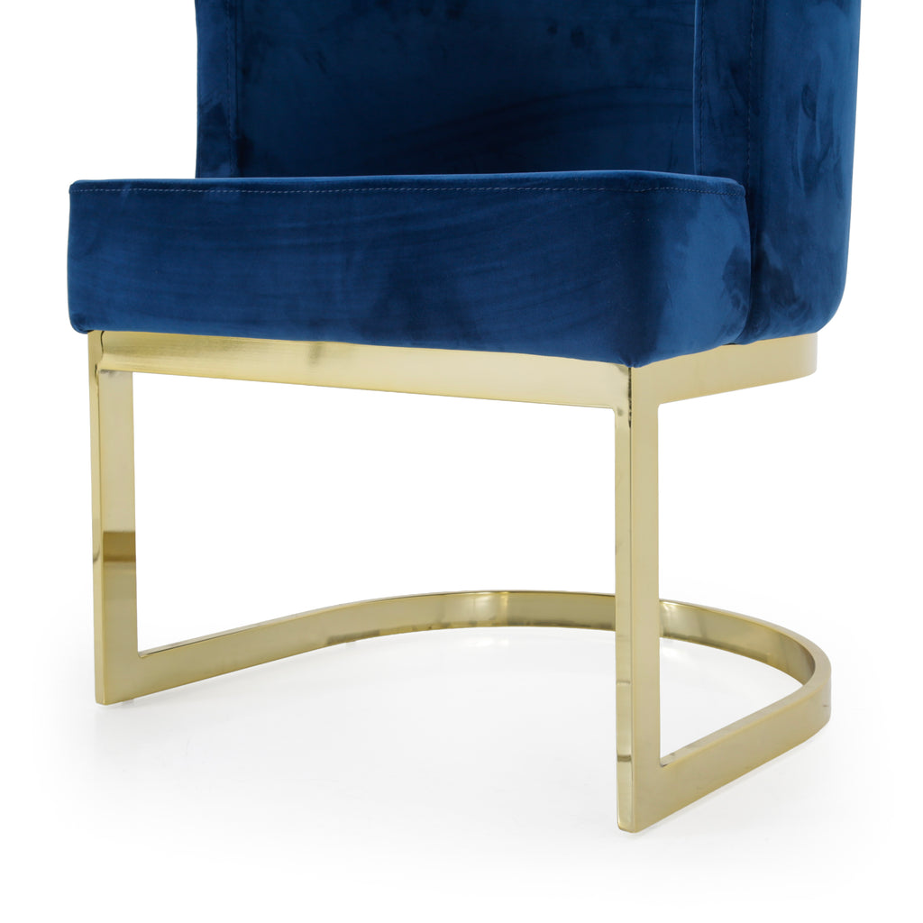 Blue Velvet Accent Chair with Polished Gold Sled Base