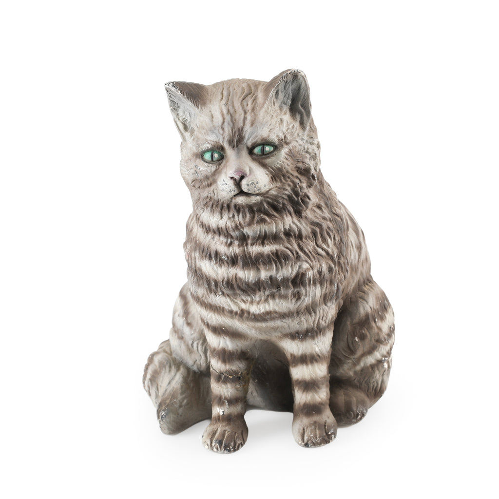 Gray Striped Cat Figurine with Green Eyes
