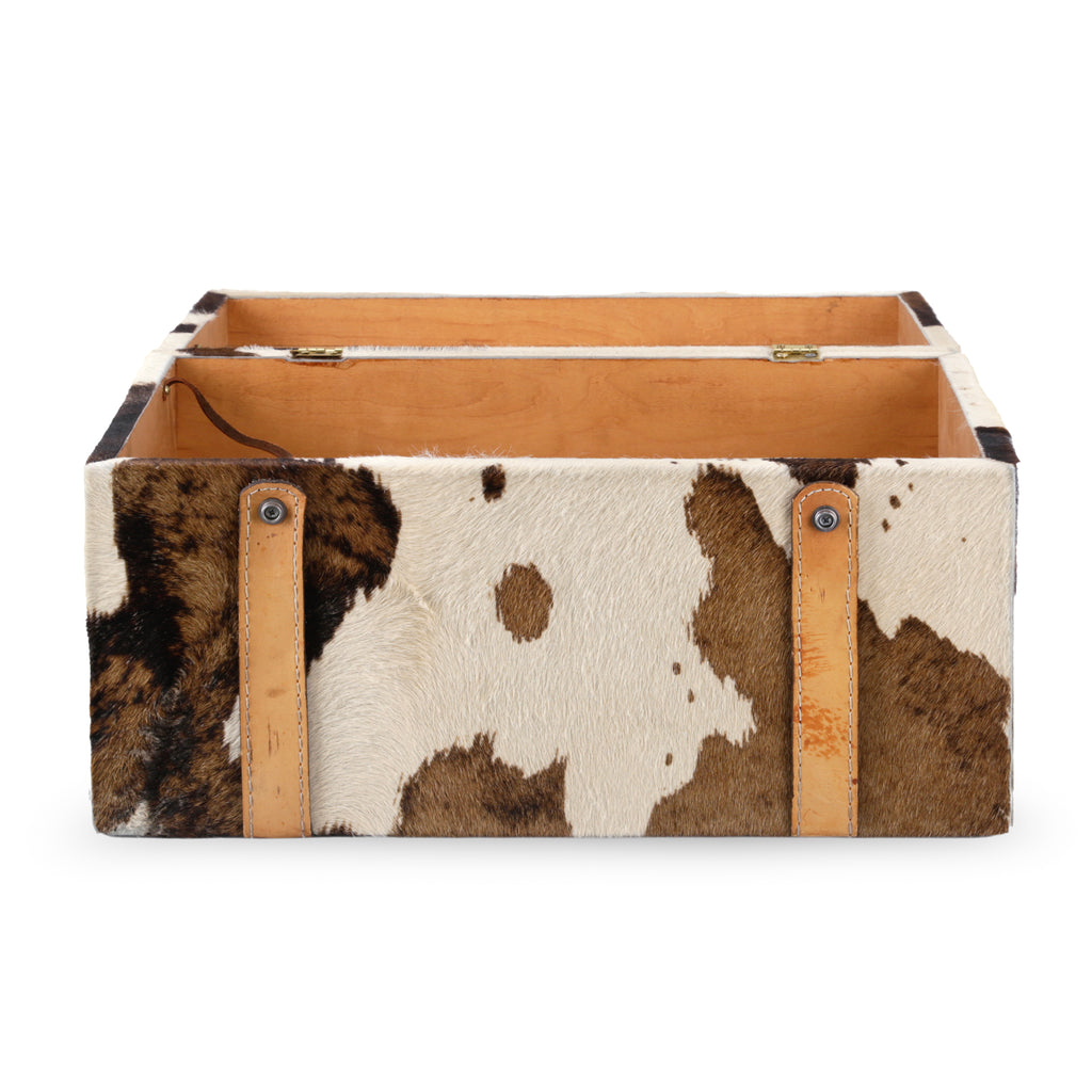 White and Brown Cowhide Leather Storage Trunk