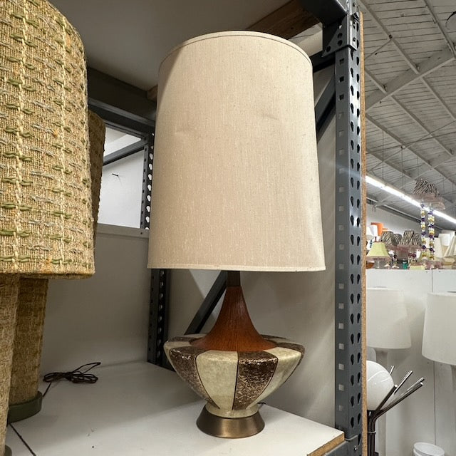 Beige Fabric Lamp with Cream, Brown, and Wood Base
