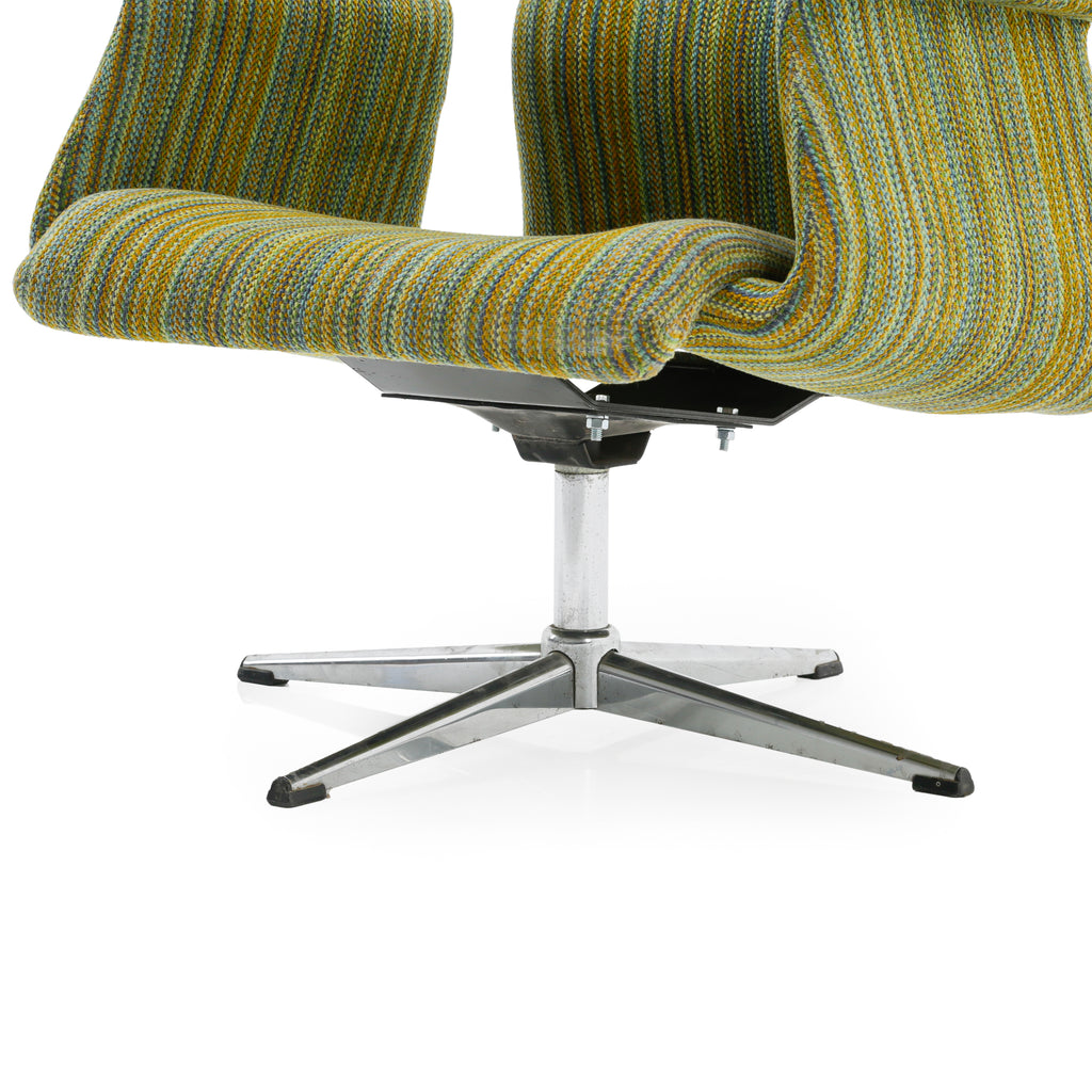 Mustard Yellow, Teal, and Gray Striped Upholstered High-Back Armchair