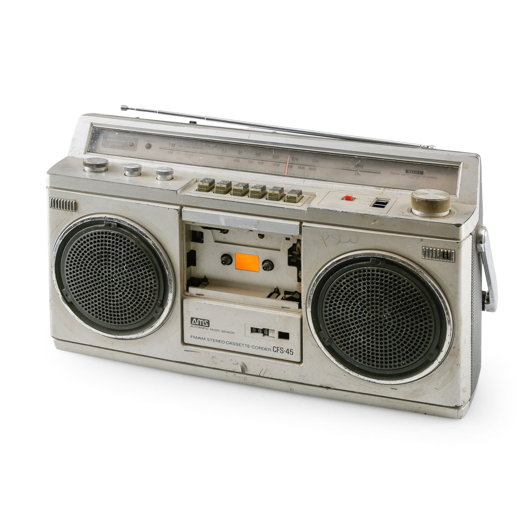 Silver Plastic and Metal Boombox with FM/AM Radio and Cassette Recorder