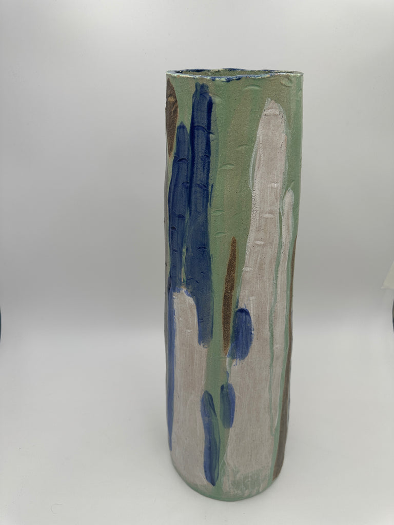 Handcrafted Sage Green Ceramic Vase with Abstract Blue and Cream Art