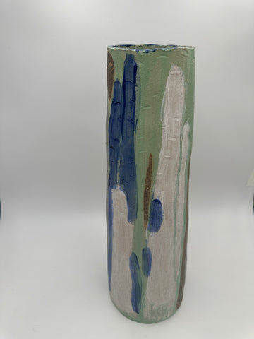 Handcrafted Sage Green Ceramic Vase with Abstract Blue and Cream Art
