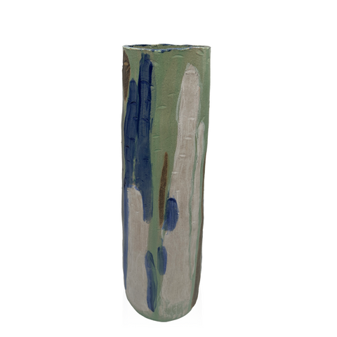 Handcrafted Sage Green Ceramic Vase with Abstract Blue and Cream Art