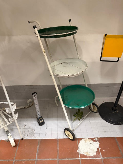 Distressed Cream & Green Metal Three-Tiered Wheeled Plant Stand