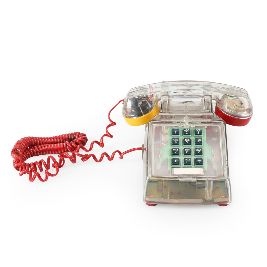 Clear Plastic Push-Button Telephone with Red Coiled Cord
