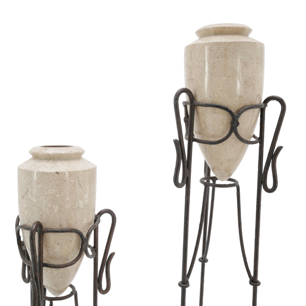 Rustic Cream Faux Stone Urns in Iron Stands