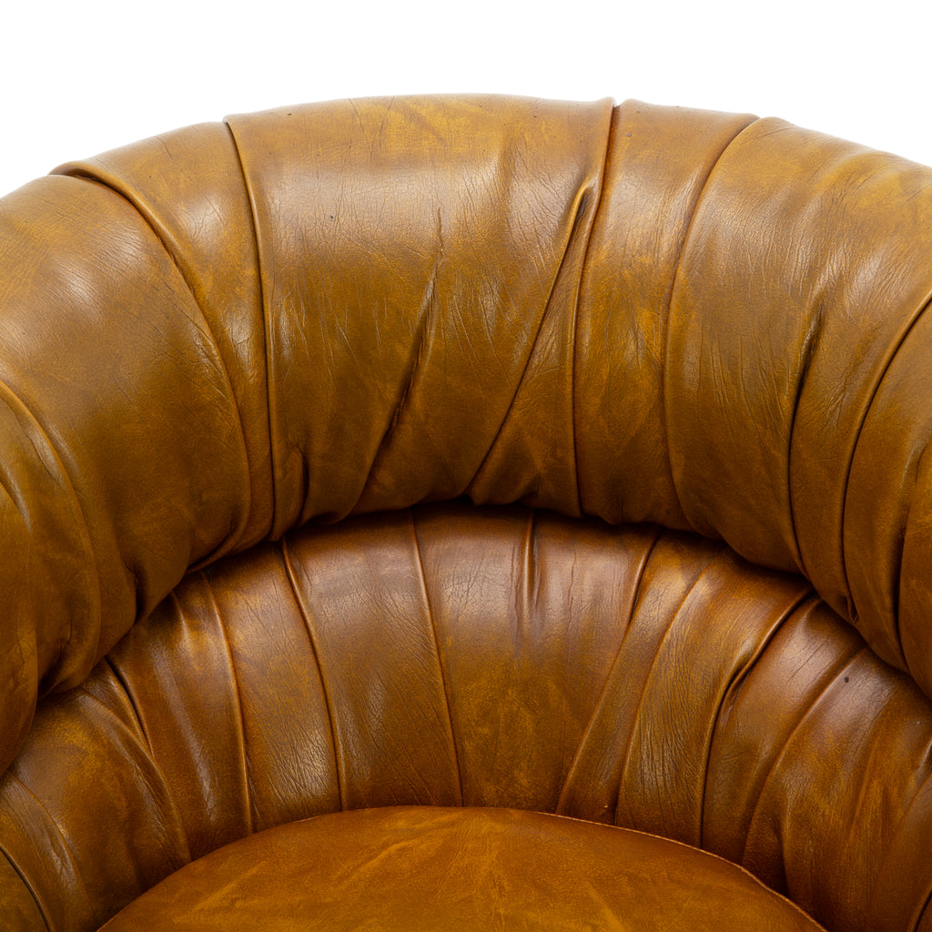 Pair of Vintage Tan Leather Tufted Barrel Armchairs