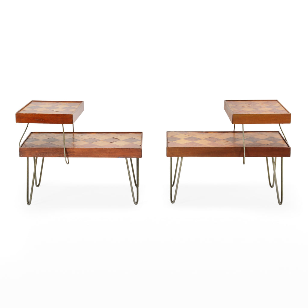 Modern Tiered Wood Inlaid End Tables with Hairpin Legs