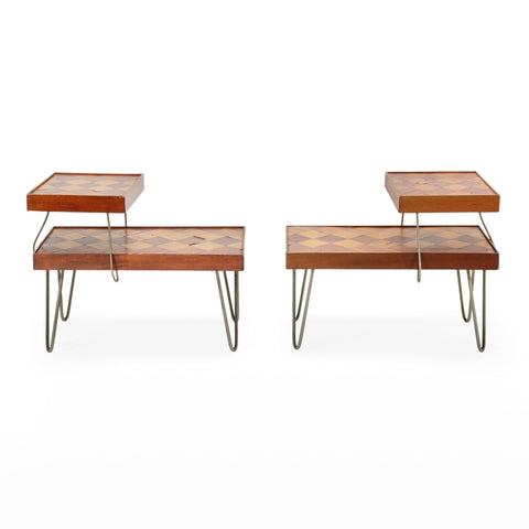 Modern Tiered Wood Inlaid End Tables with Hairpin Legs