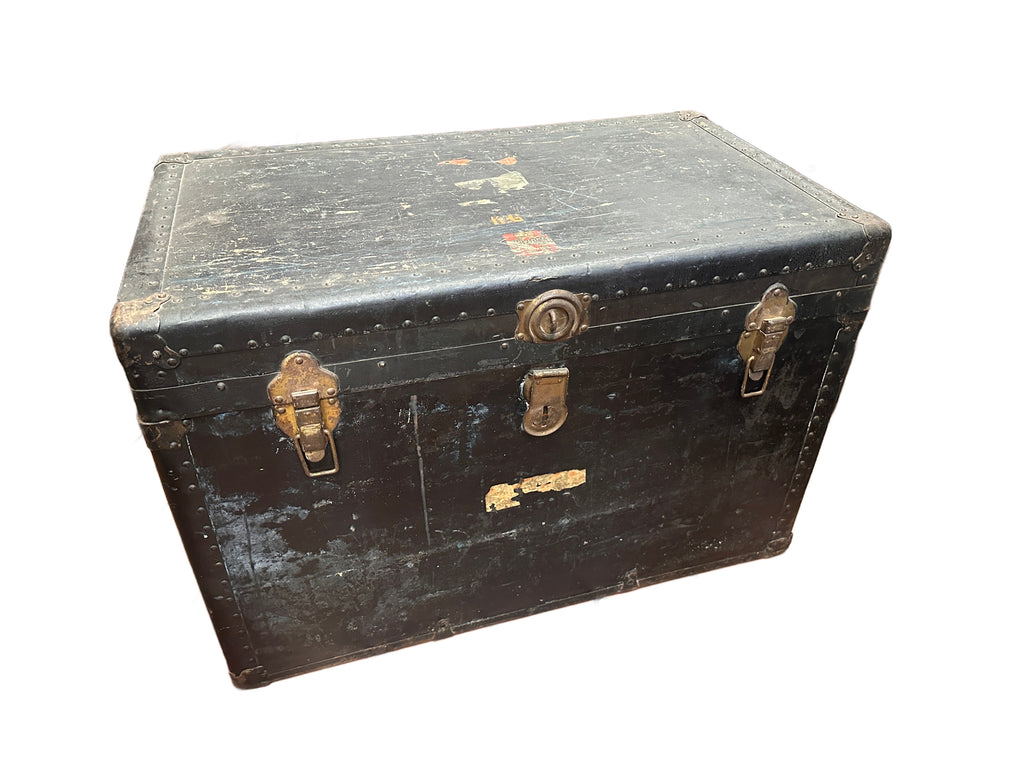 Distressed Black Vintage Steamer Trunk with Brass Hardware