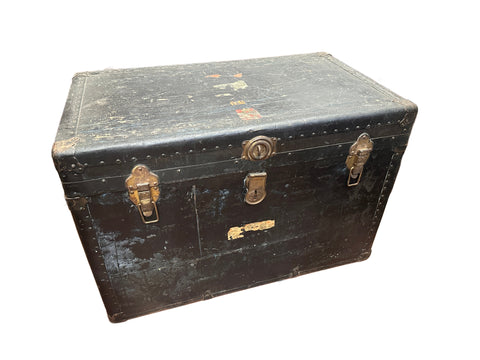 Distressed Black Vintage Steamer Trunk with Brass Hardware