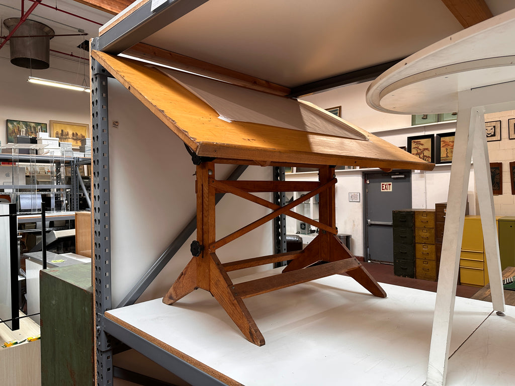 Honey Brown Pine Wood Drafting Table with X-Frame Base