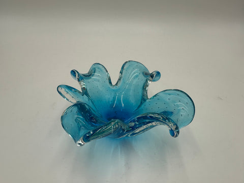 Turquoise Blue Bullicante Art Glass Flower Bowl