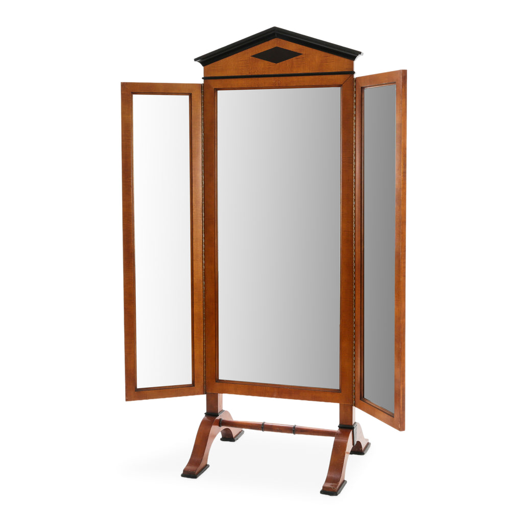 Warm Brown Wood Tri-Fold Pediment Dressing Mirror