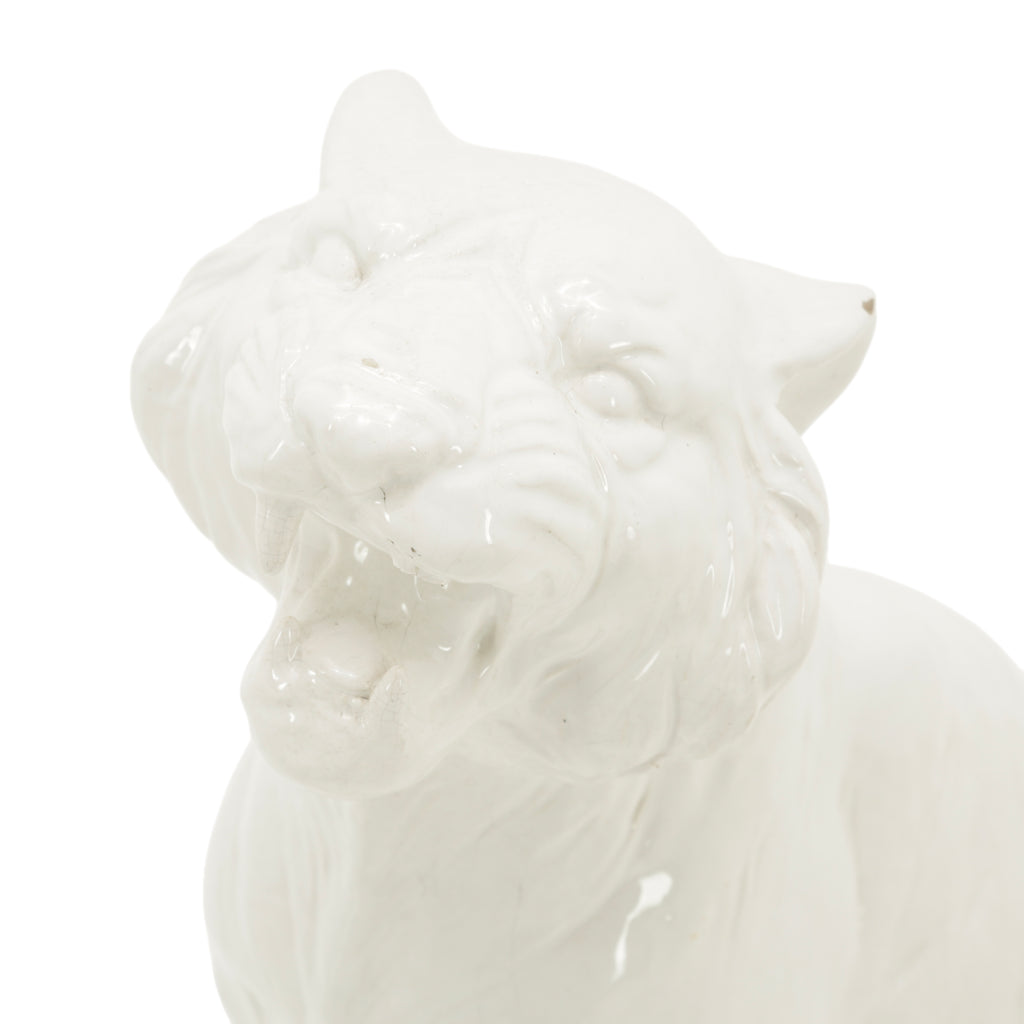 Glossy White Ceramic Roaring Tiger Statue