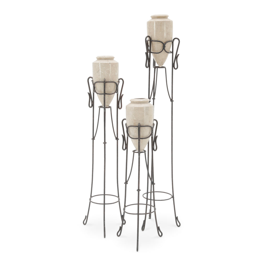 Rustic Cream Faux Stone Urns in Iron Stands