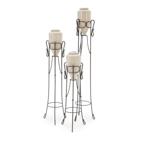Rustic Cream Faux Stone Urns in Iron Stands