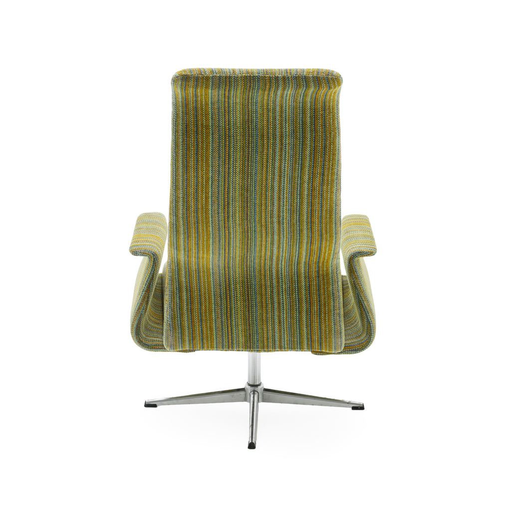 Mustard Yellow, Teal, and Gray Striped Upholstered High-Back Armchair