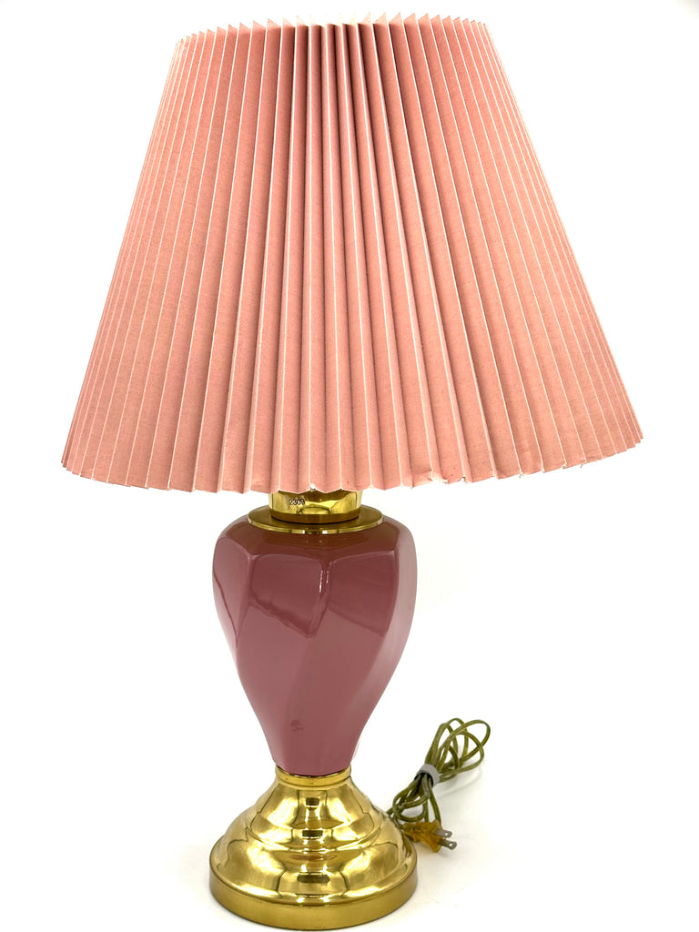 Vintage Deep Pink Faceted Ceramic & Brass Table Lamp