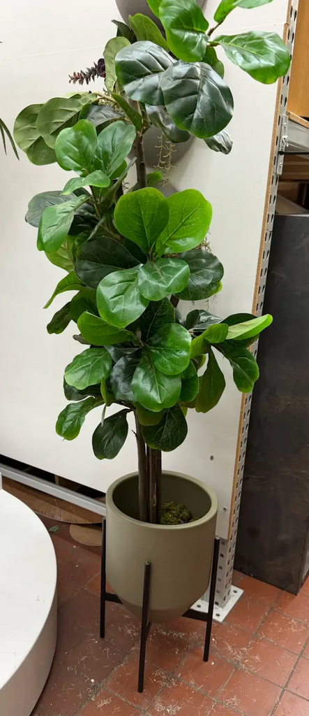 Green Artificial Fiddle Leaf Fig Tree in Sage Green Planter with Black Metal Stand