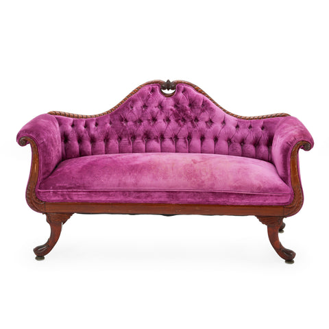 Magenta Velvet Carved Wood Settee