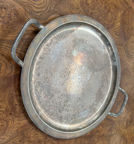 Distressed Silver-Plated Round Serving Tray with Handles
