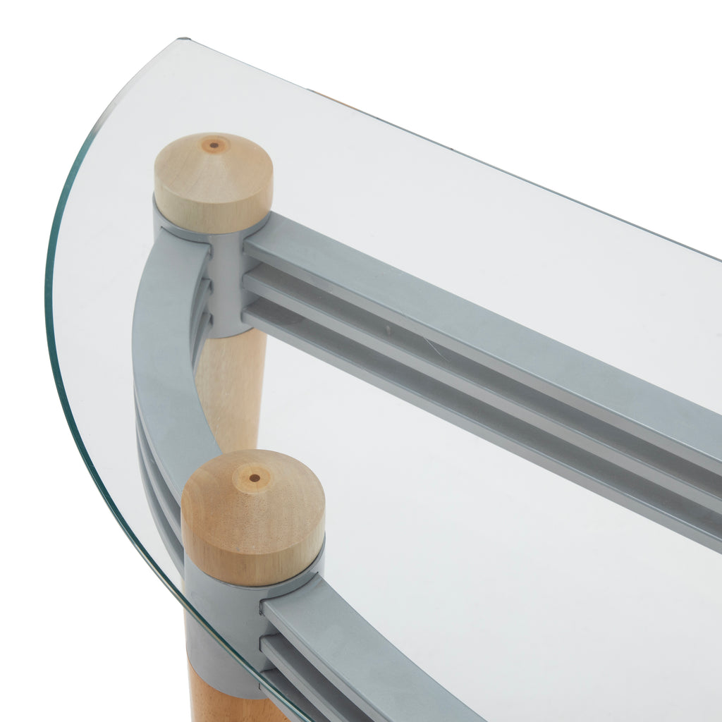 Demi-Lune Clear Glass Console Table with Wood Legs and Metal Accents