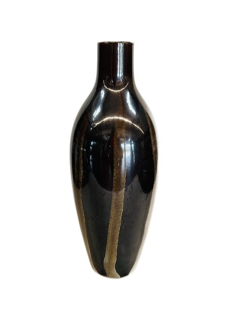 Dark Brown and Metallic Gold Striped Ceramic Vase