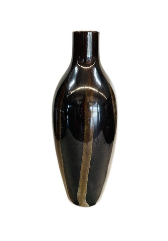 Dark Brown and Metallic Gold Striped Ceramic Vase