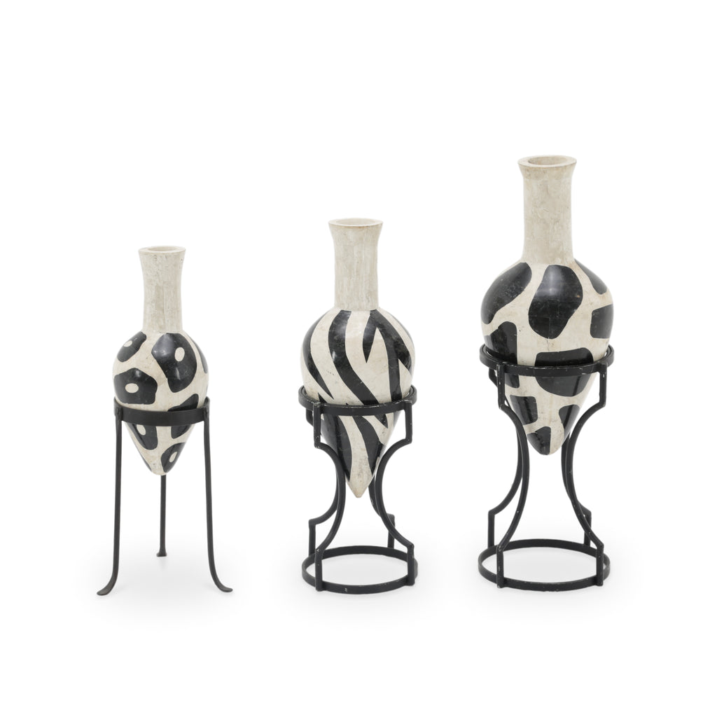 Set of 3 Black and Off-White Ceramic Vases