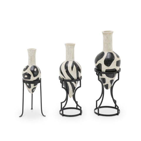 Set of 3 Black and Off-White Ceramic Vases