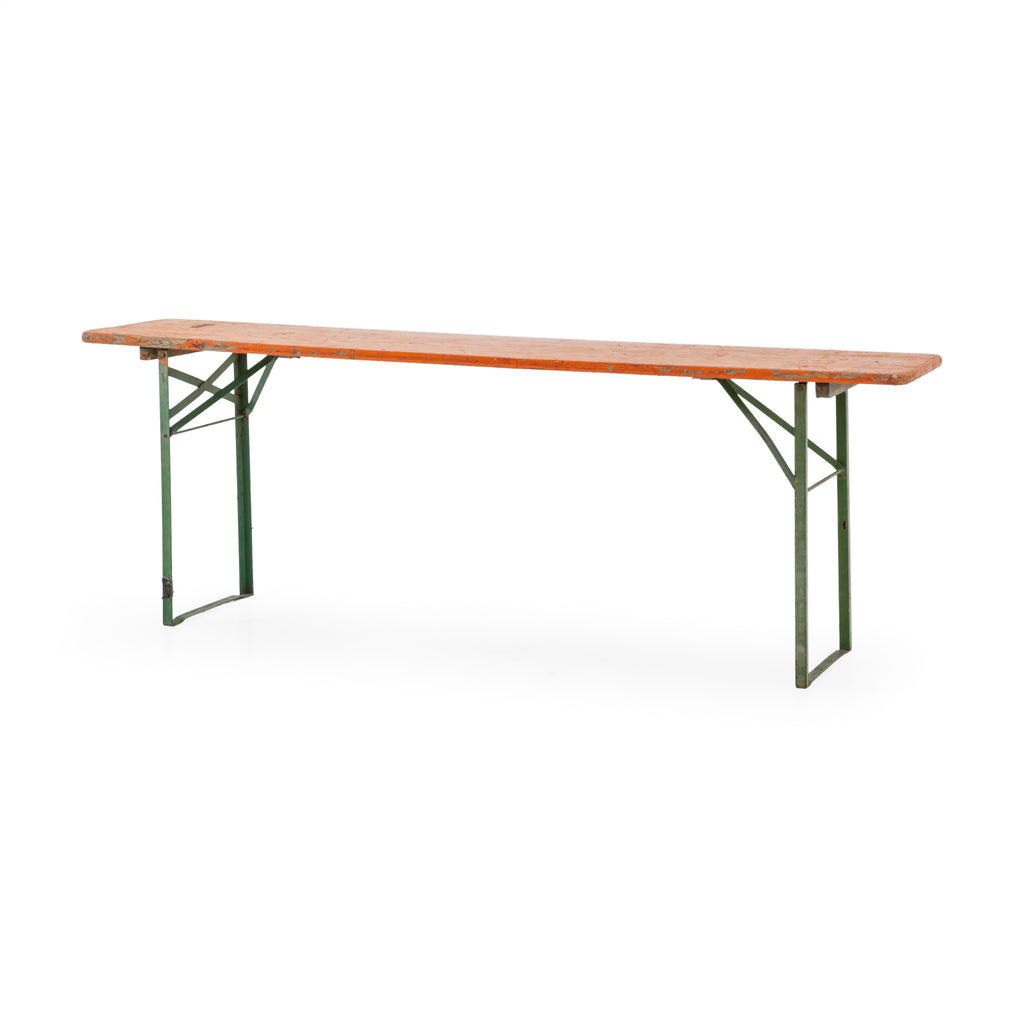Distressed Orange Wooden Folding Table with Green Metal Legs