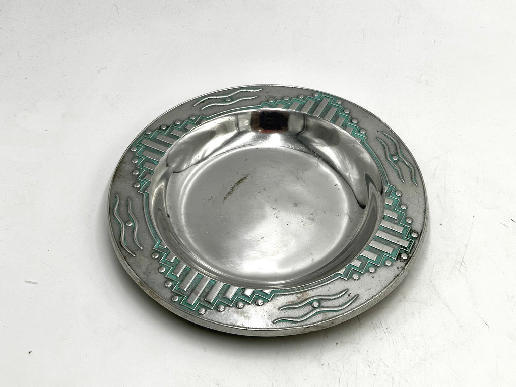 Distressed Silver Metal Decorative Plate with Green Art Deco Accents